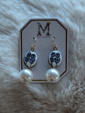 Mia Charro Delft Blue Floral Tulip Ceramic & Pearl Drop Earrings